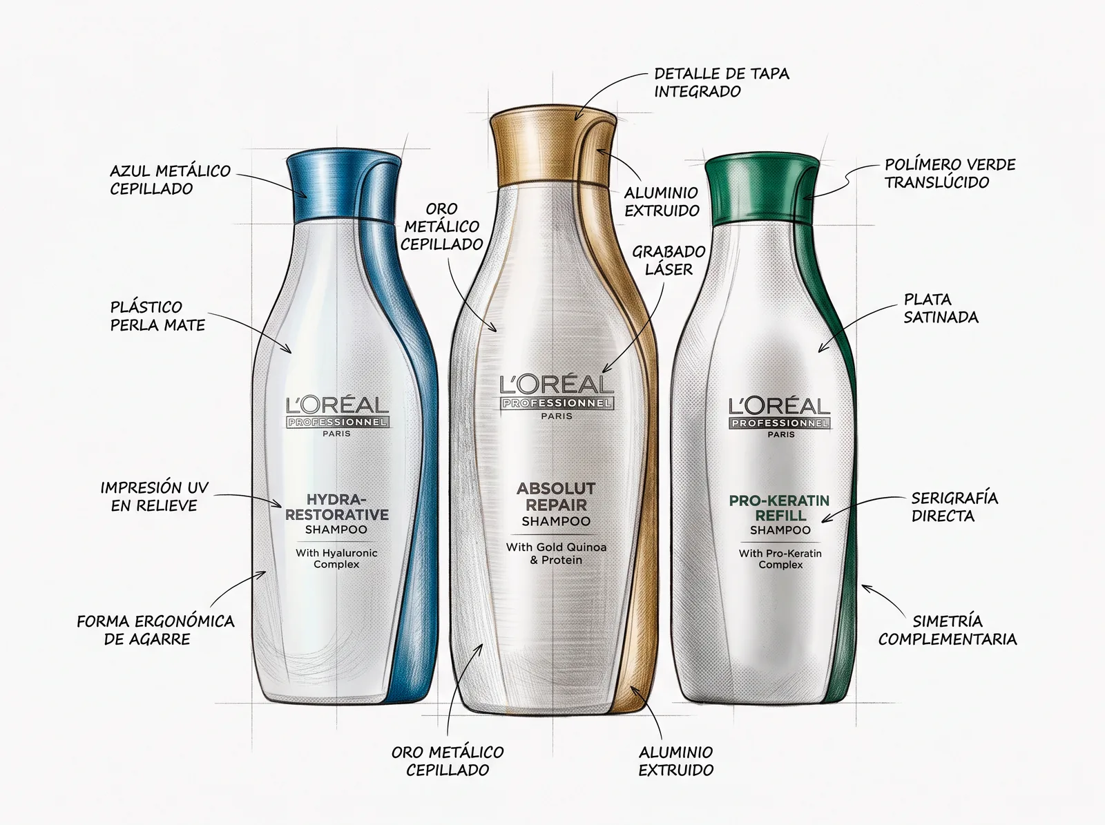 Boceto técnico de tres botellas de champú con anotaciones de materiales y acabados