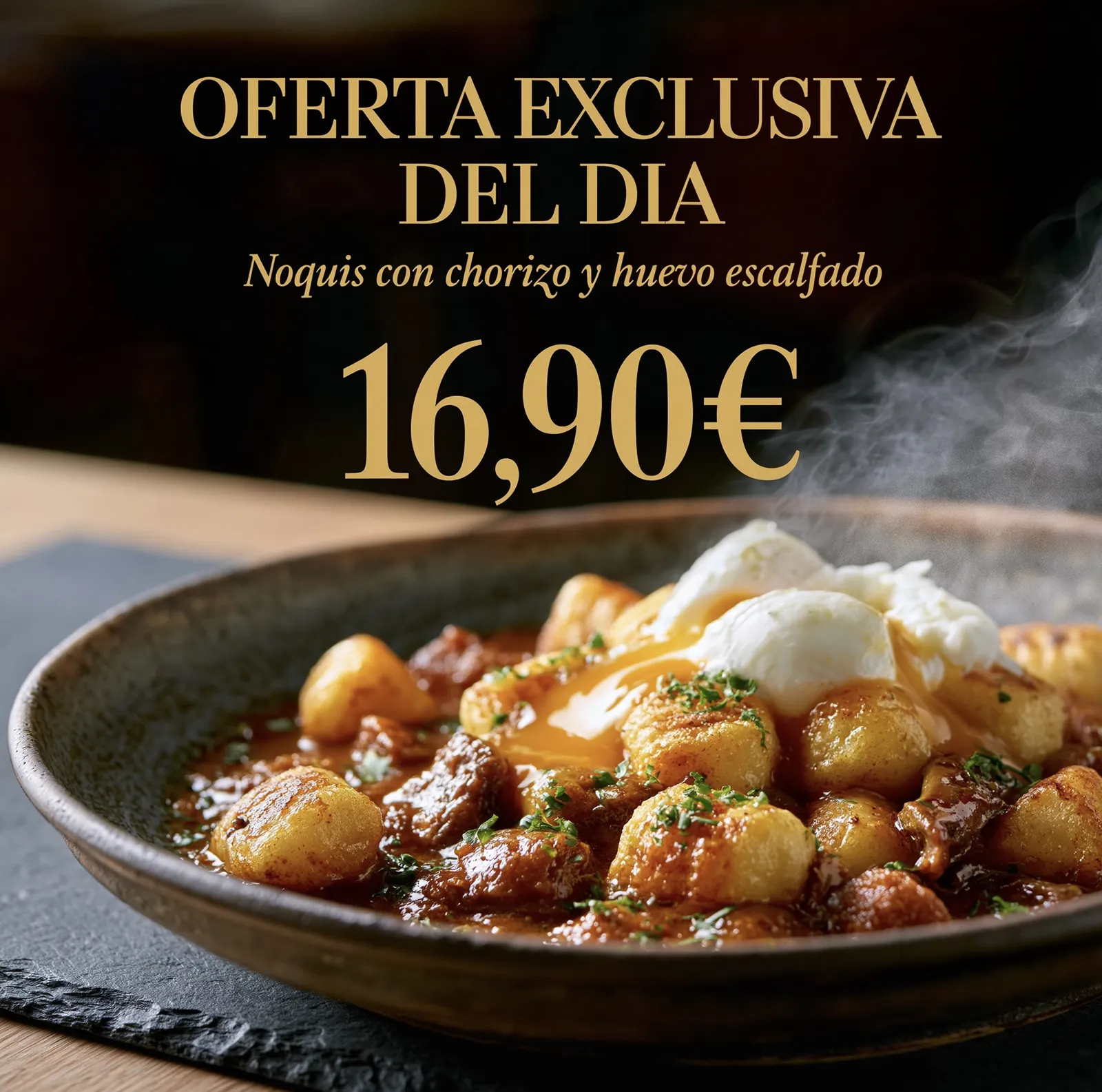 Cartel de oferta del día para ñoquis con chorizo y huevo escalfado