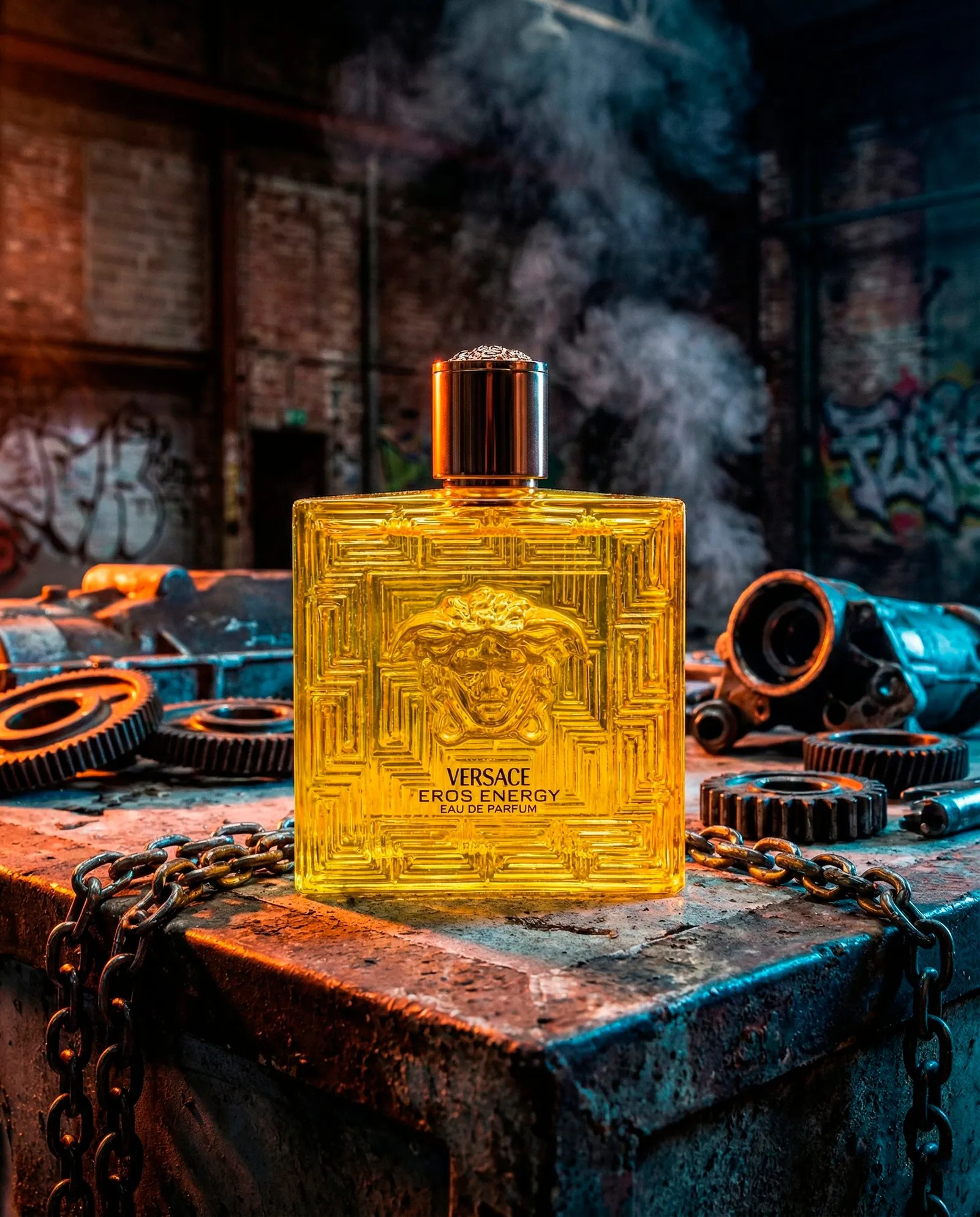 Fotografía publicitaria de un perfume en un entorno industrial