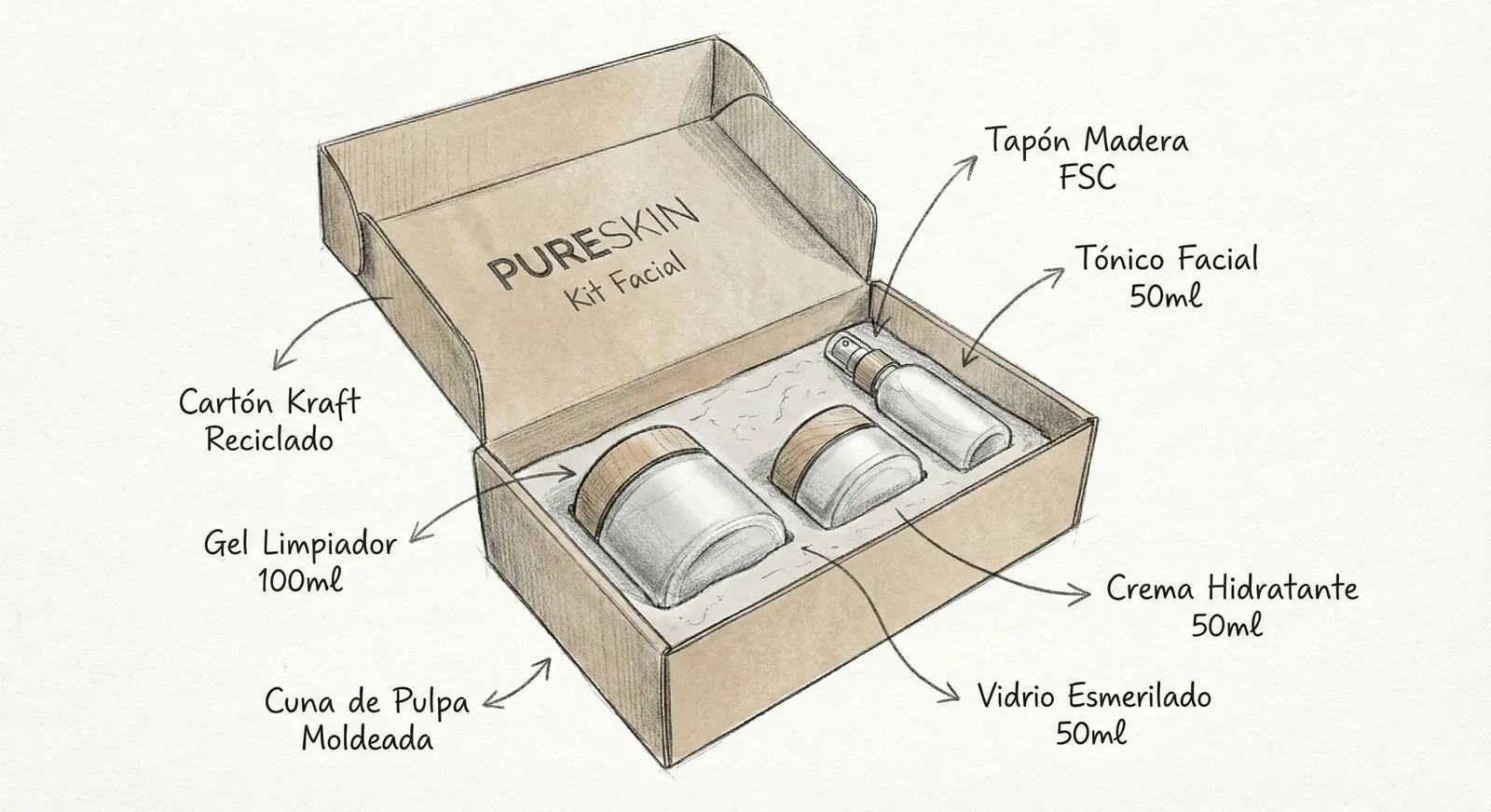 Boceto a mano del packaging del kit facial PureSkin con materiales anotados