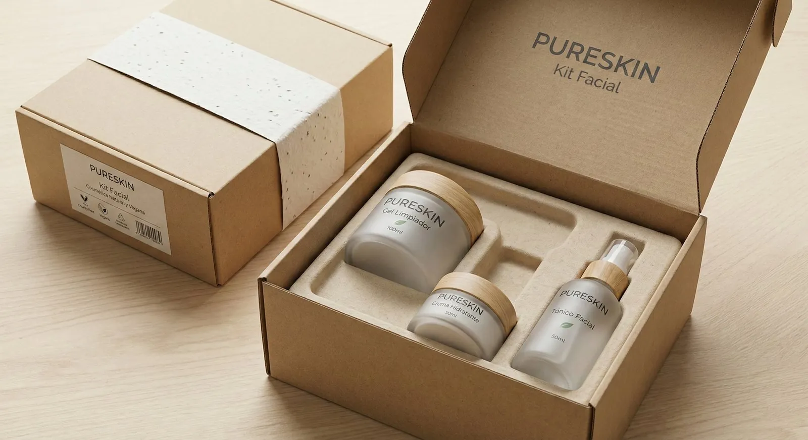 Packaging final del kit facial PureSkin con sus tres productos